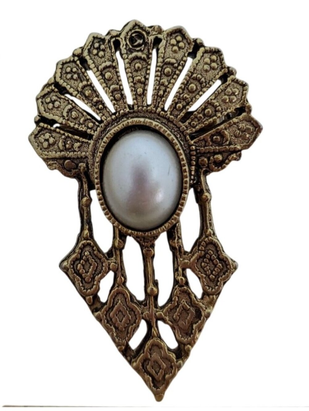 Vtg Gold-Tone Brooch Faux Pearl Cabochon Intricate Filigree Victorian Revival